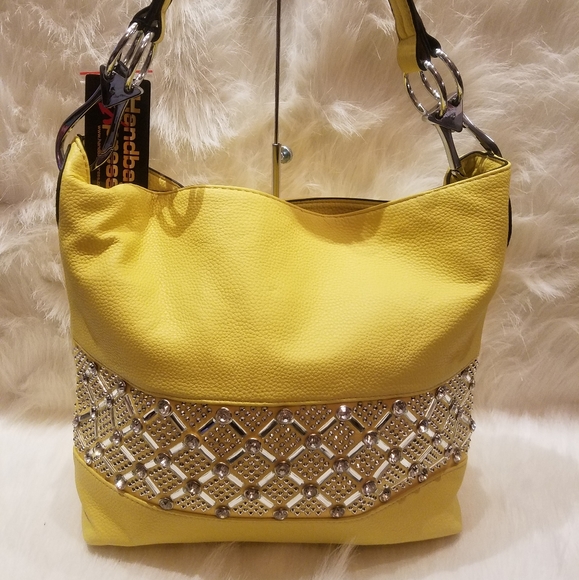 YELLOW RHINESTONE BLING DESIGN HOBO HANDBAG - Picture 2 of 8